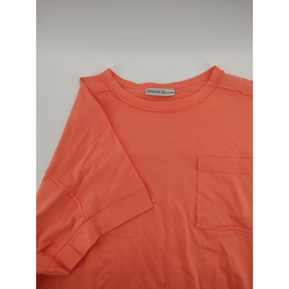 Zenana Women Coral Orange Cotton Oversized Pocket T-Shirt NWT CT-3391 Size S/M